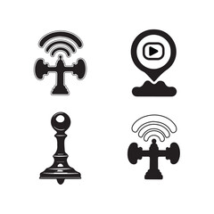 Black and white icon set of wireless signal location pin chess piece and broadcast symbol for communication and strategy