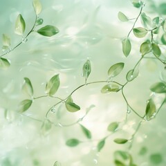Soft focus macro shot of lush green leaves adorned with water droplets, bathed in gentle light, highlighting the delicate beauty of nature and new growth