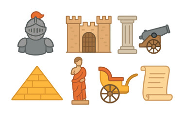 Historical Icons for Kids. Flat vector mini-illustrations historical models in colors children's illustrations