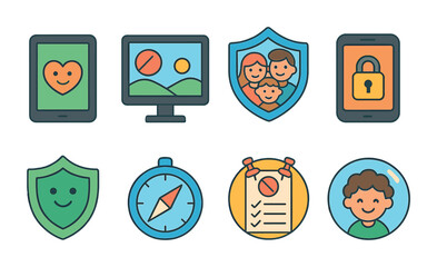 Family Digital Safety Icons. Flat vector mini-illustrations online safety for families in colors children's