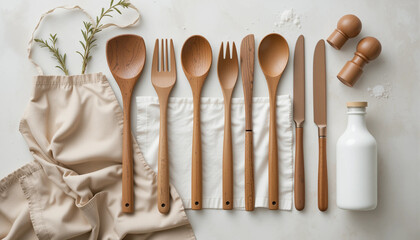  Natural Wooden Kitchen Utensils and Accessories Flat Lay