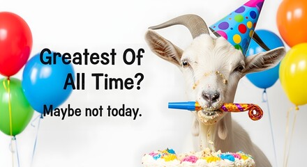 Goat celebrates birthday with cake and balloons, questioning its own greatness in a funny, relatable moment