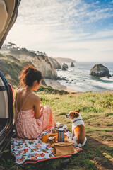 Vanlife Picnic with Dog – Scenic Coastal Adventure at Sunset