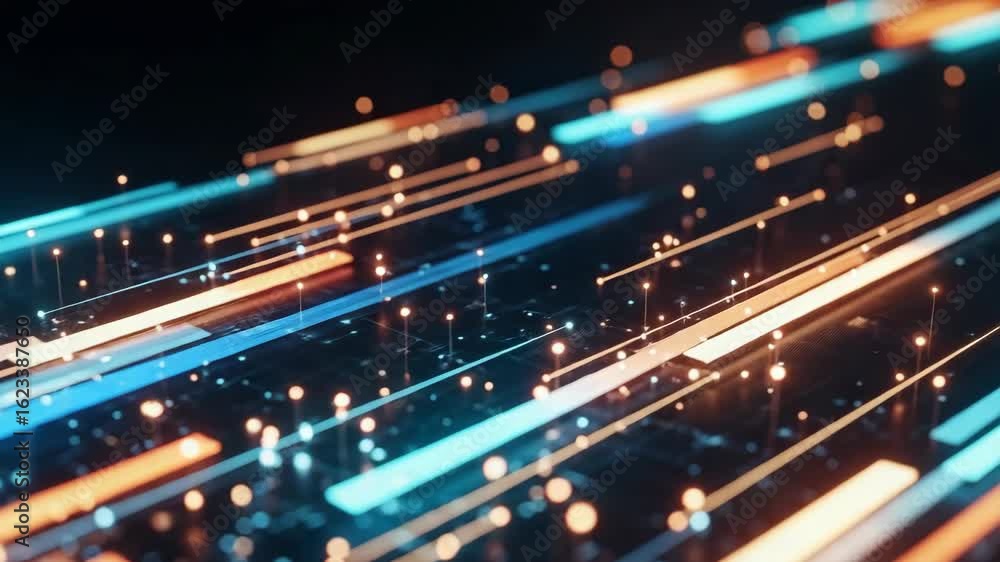 Poster a vibrant abstract digital landscape showcasing dynamic lines and glowing particles in a futuristic 