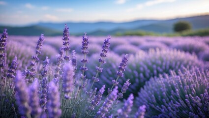 Obraz premium Lavender field in full bloom with purple flowers and mountains in the background. Nature and agriculture, concept. Floral and plant cultivation. The concept of scenic landscapes and botanical beauty