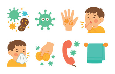 Germ Spread Icons. Flat vector mini-illustrations how germs spread in colors children's illustrations: