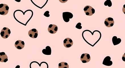 Charming seamless pattern featuring playful hearts and leopard spots on a soft blush background, perfect for trendy fashion and cute stationery designs.