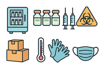 Vaccine Storage Icons Grid. Flat vector mini-illustrations vaccine storage area in colors children's
