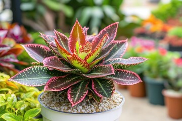 Beautiful aloe succulent plant with vibrant foliage in a pot, close up view