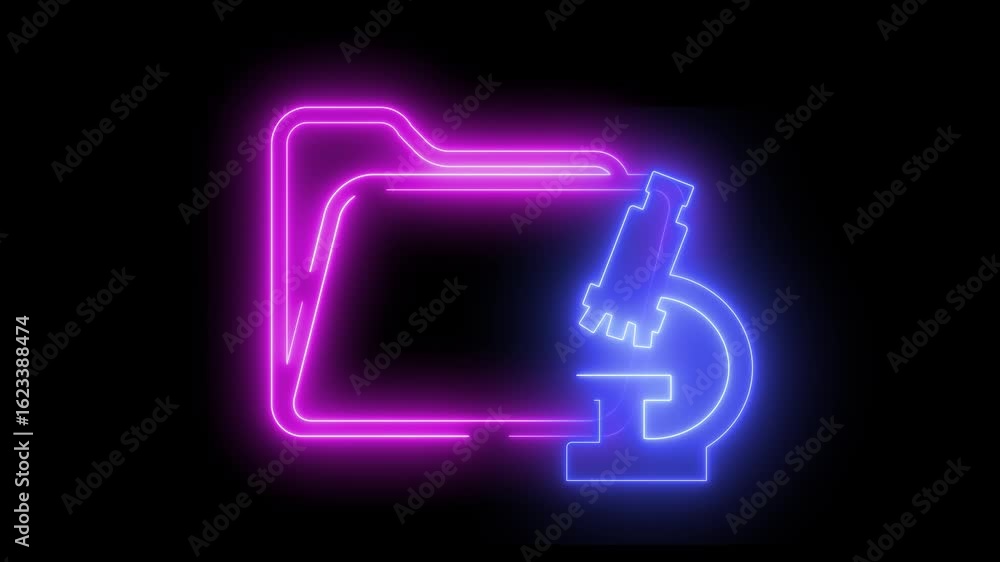 Poster neon light effect animation of a graphics icon with a microscope, black background
