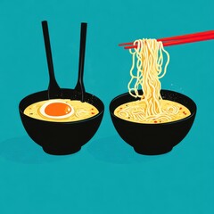 Stylized illustration of two bowls of ramen noodles, one with an egg and chopsticks, the other with noodles being lifted by chopsticks