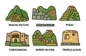 Incan Temples for Kids. Flat vector mini-illustrations Incan temples and sites in colors children's