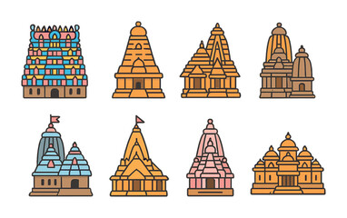 Colorful Hindu Temple Icons. Flat vector mini-illustrations Hindu temples in colors children's illustrations: