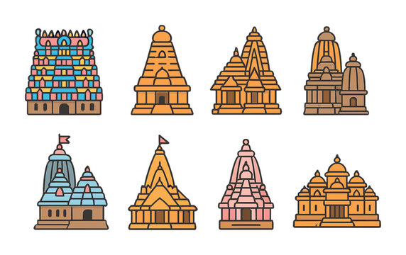 Colorful Hindu Temple Icons. Flat vector mini-illustrations Hindu temples in colors children's illustrations:
