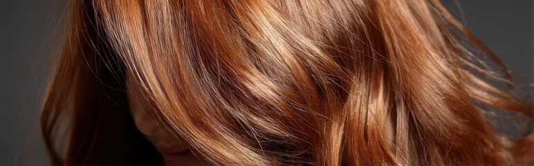 Fototapeta premium Beautiful strands of wavy auburn hair captured in soft light showcasing texture and shine during an indoor photoshoot