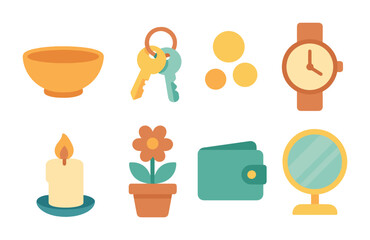 Children's Entry Way Icons. Flat vector mini-illustrations functional entry table in colors children's