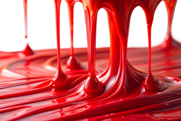 Closeup of viscous red liquid paint dripping and flowing, creating abstract patterns and textures, isolated on transparent background