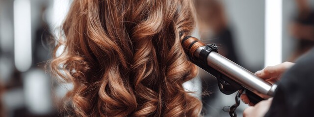 Professional stylist curling vibrant red hair at a chic salon during a busy afternoon in the city