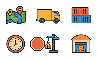 Logistics Elements Grid. Flat vector mini-illustrations logistics challenges in colors children's