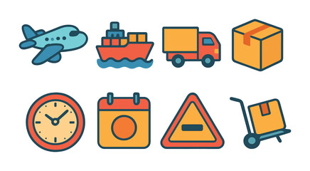Global Delivery Icons. Flat vector mini-illustrations global delivery delays in colors children's