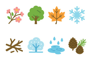 Children's Seasonal Forest Icons. Flat vector mini-illustrations forest seasons in colors children's