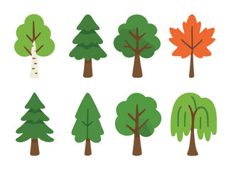 Forest Tree Icons. Flat vector mini-illustrations forest trees in colors children's illustrations: birch, pine