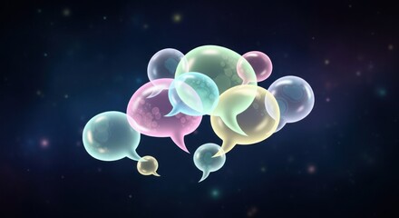 Colorful, translucent speech bubbles cluster against a dark starry background