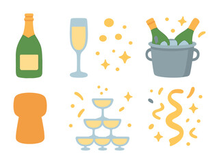 Celebratory Champagne Illustrations. Flat vector mini-illustrations sparkling wine in colors children's