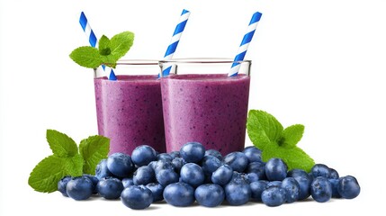 Blueberry smoothie with mint garnish on white background