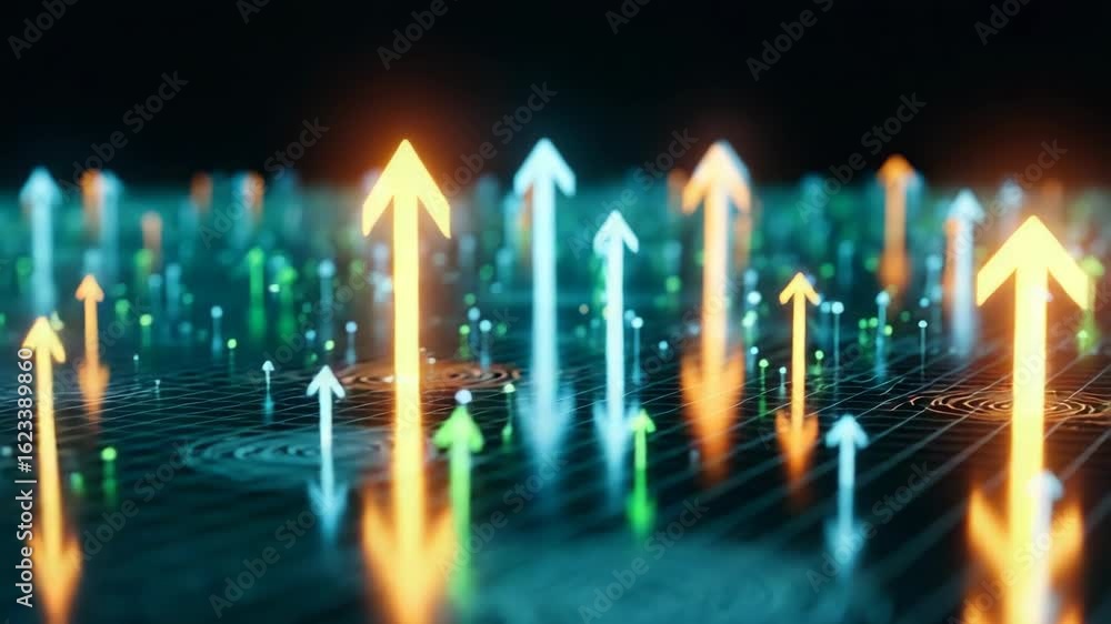 Poster a vibrant digital landscape featuring glowing arrows pointing upward symbolizing growth and progress