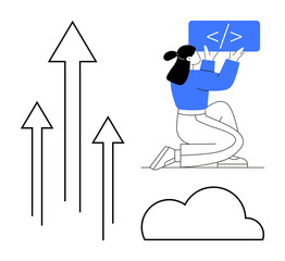 Person holding a coding interface above a cloud with arrows symbolizing growth, innovation, and scalability. Ideal for cloud computing, web development, coding, career growth, technology, startups