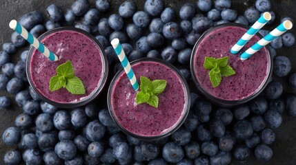 Blueberry smoothies with fresh mint leaves