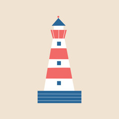 Colorful lighthouse hand drawn vector illustration. Isolated pharos in flat style for kids poster or logo.