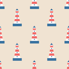 Colorful lighthouses hand drawn vector illustration. Adorable marine seamless pattern for kids fabric or wallpaper.