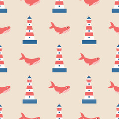 Cute red whales and lighthouse hand drawn vector illustration. Funny marine seamless pattern for kids fabric or wallpaper.