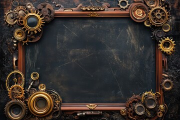 Steampunk frame with gears, cogs, and vintage details on dark background