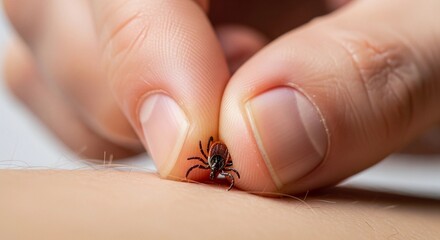 Fingers carefully remove a small Encephalitic mite from skin. The insect appears dark with a distinct body shape. The image focuses on the precise action of removing the parasite