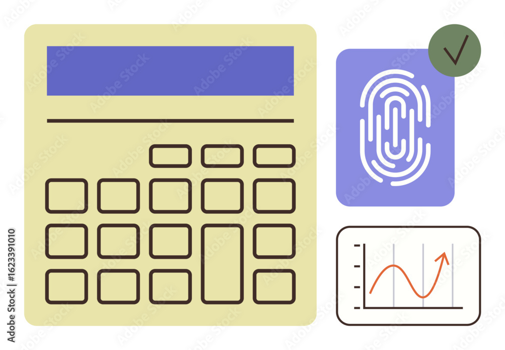 Poster calculator with fingerprint symbol, statistical graph, and checkmark illustrating finance, security,
