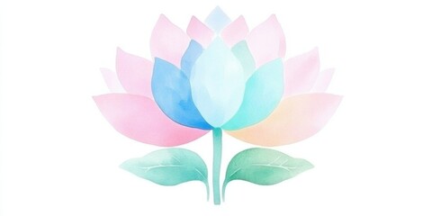 Lotus flower with pastel watercolor petals and green leaves on white background. Botanical floral element for decor design, wellness, yoga and mindfulness concepts.