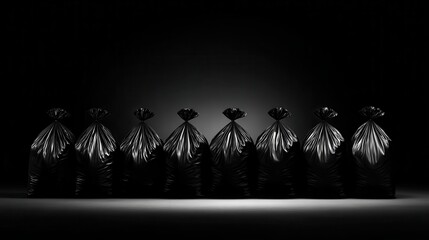 Garbage bags in row in dramatic lighting