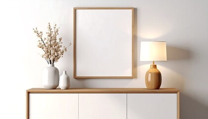 Blank picture frame mockup on white wall with wooden cabinet lamp and vases home interior