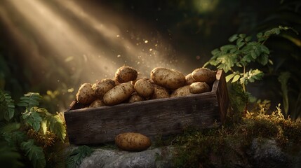 Freshly harvested potatoes in rustic wooden crate