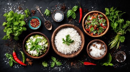 Authentic culinary delight: vibrant array of rice dishes fresh ingredients