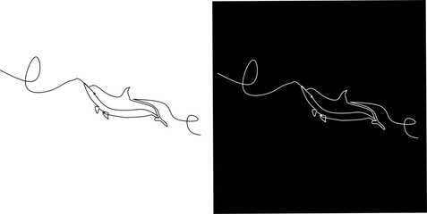 One line drawing of a dolphin swimming, with a flowing curved line, shown on black and white backgrounds. Perfect for ocean, wildlife, or marine-themed minimalist art.
