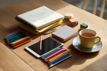 Naklejka premium Homeschooling setup with tablet and pencils