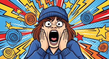 Shocked woman with hands on cheeks screaming in disbelief against vibrant comic book explosion background