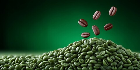 Freshly Roasted Coffee Beans Falling Onto a Pile of Green Unroasted Coffee Beans