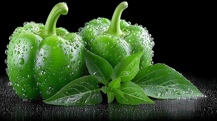 Fresh Green Bell Peppers with Water Droplets and Basil Leaves on Black Background