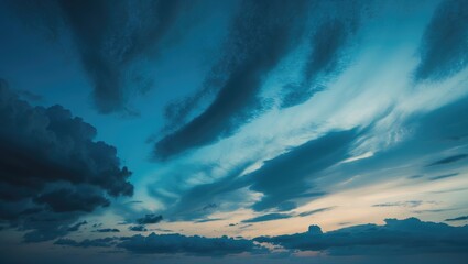 Sky with dramatic clouds and light evening hues. Nature and weather, concept. Atmospheric conditions and cloud formations. The concept of weather and skyscapes.
