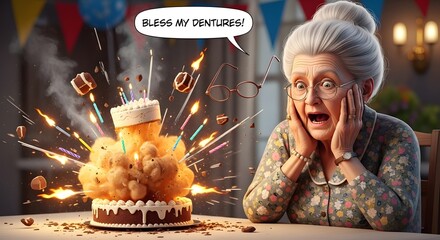 Shocked grandmother exclaims 'Bless my dentures!' as birthday cake explodes with flying frosting, candles, and cake pieces in a chaotic, celebratory scene